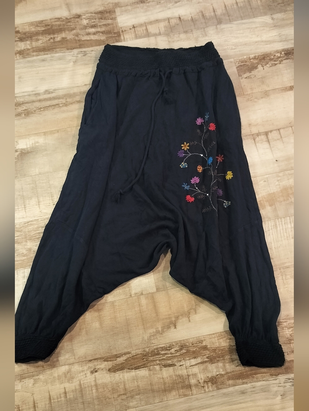 Embroidered Black Harem Pants with Multicolor Floral Detail